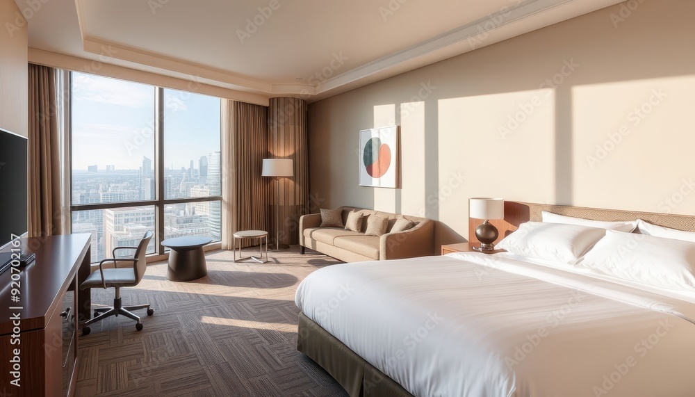 Fototapeta premium Luxury Hotel Room with City View.