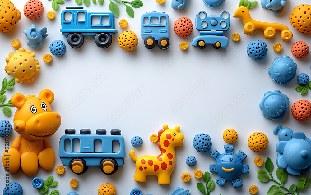 Naklejka premium Kids Toys Frame on White Background: Top View Flat Lay with Copy Space