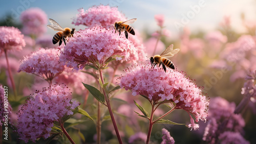 Soft pink clusters of Joe-Pye weed flowers in a field that are eaten by butterflies and bees photo