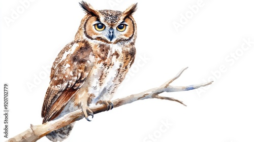 A watercolor illustration of a Halloween owl perched on a branch, wise and mysterious, isolated on white background