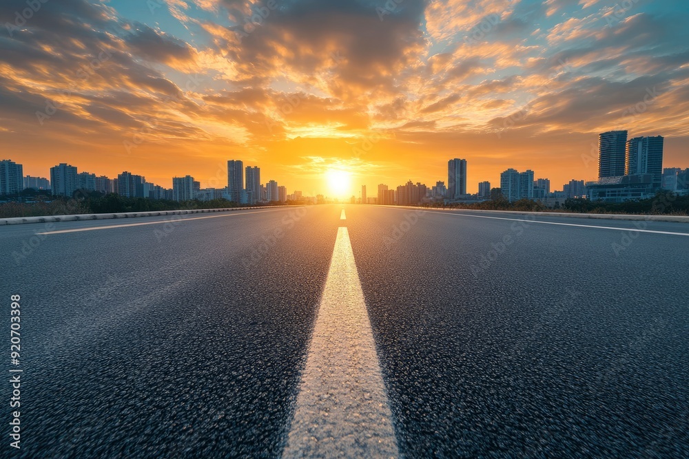 Asphalt highway road and city skyline with modern buildings at sunset. car background with generative ai Asphalt highway road and city skyline with modern buildings at sunset. car background with generative ai