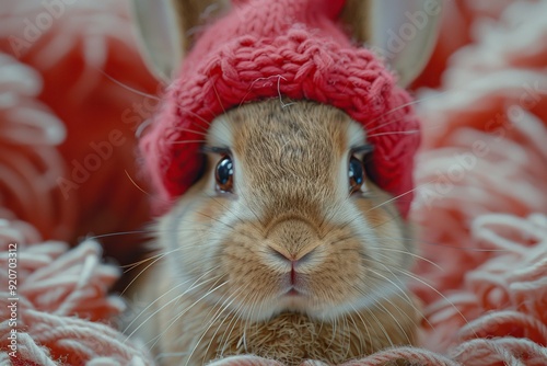 Adorable Bunny in a Red Knit Hat photo