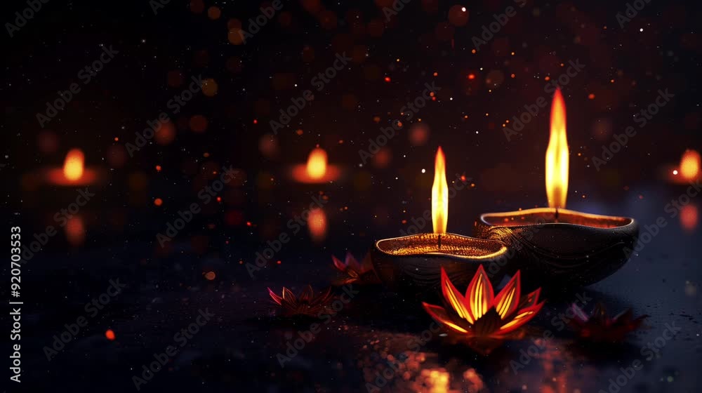 Two oil lamps illuminate the surroundings, creating a warm atmosphere with flickering flames and soft light, diwali mood, copy space