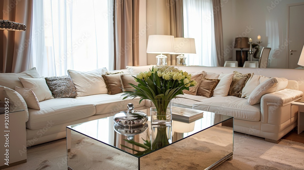 Obraz premium Placing a mirrored coffee table in a small apartment to create an illusion of more space.