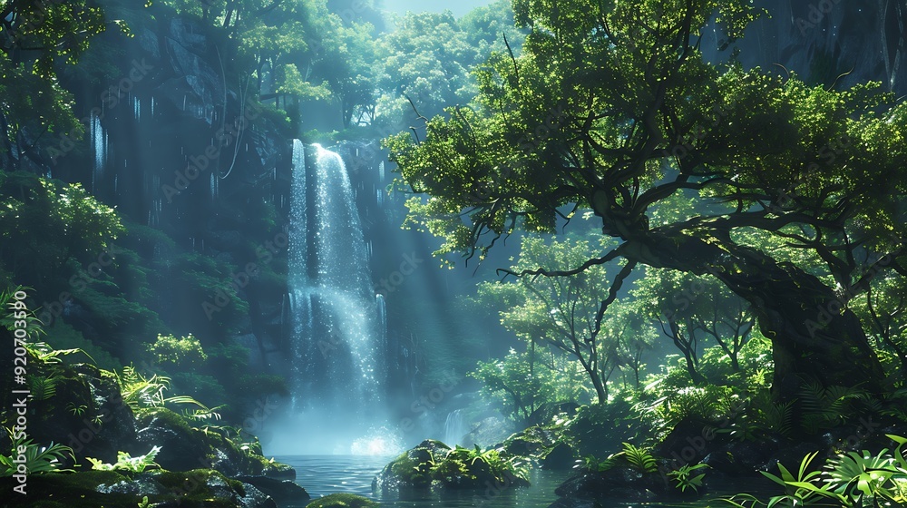 A digital artwork of a mystical forest with towering ancient trees, bioluminescent plants, and a hidden waterfall, midday with bright sunlight, detailed and vibrant, A digital artwork of a mystical forest with towering ancient trees, bioluminescent plants, and a hidden waterfall, midday with bright sunlight, detailed and vibrant,