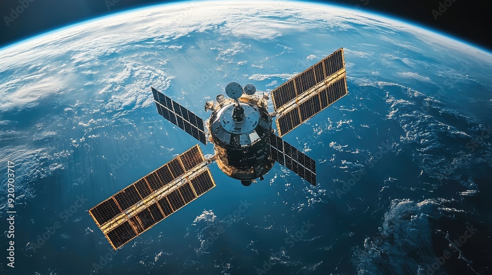 Satellite orbiting earth with solar panels deployed for power generation Satellite orbiting earth with solar panels deployed for power generation