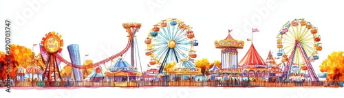Watercolor scene of Oktoberfest rides, colorful and whimsical, isolated on white background