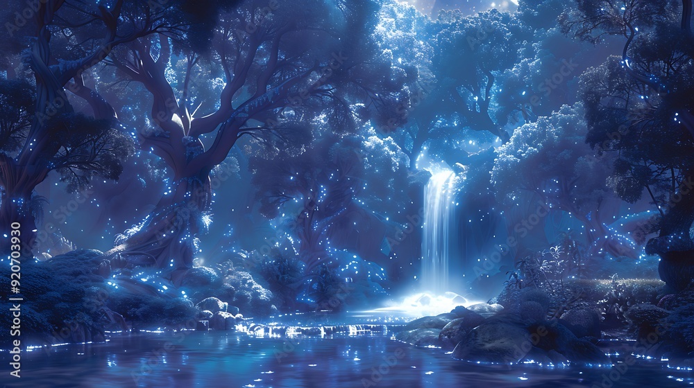 Fototapeta premium A digital artwork of a mystical forest with towering ancient trees, bioluminescent plants, and a hidden waterfall, moonlight illuminating the scene, ethereal and magical atmosphere,