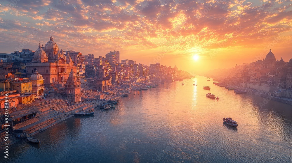 Naklejka premium The sun is rising over the ganges river in varanasi with temples and boats