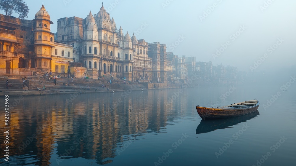 Obraz premium Wooden boat floating on river passing ancient indian palace