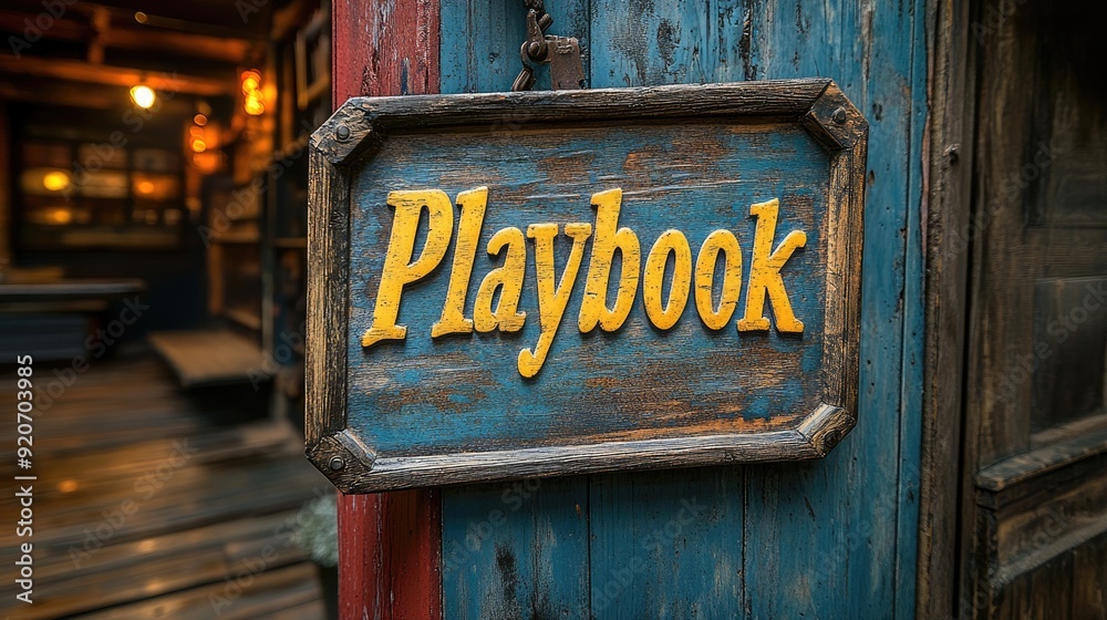 Playbook sign hanging on a rustic blue door Playbook sign hanging on a rustic blue door