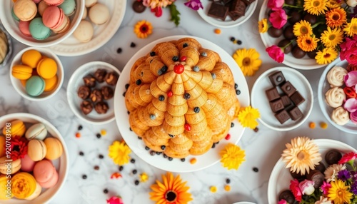 Wallpaper Mural Delicious Treats and Flowers on a Marble Table. Torontodigital.ca