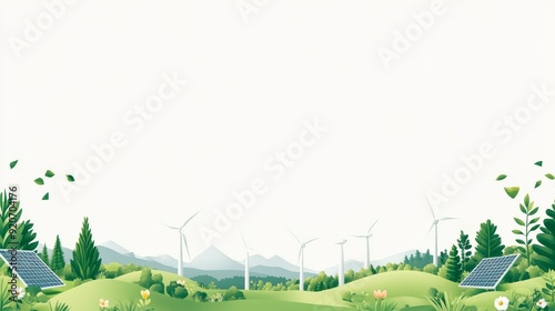 Eco-Friendly Energy Campaign Banner with Solar Farm and Wind Turbines on Clear Sky Background photo