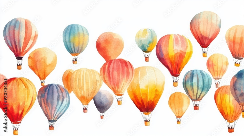 A watercolor painting of a sunrise at the Albuquerque Balloon Fiesta, balloons rising, warm hues, isolated on white background A watercolor painting of a sunrise at the Albuquerque Balloon Fiesta, balloons rising, warm hues, isolated on white background