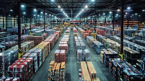 Rows upon rows of pallets stacked high in a large, well-lit warehouse.