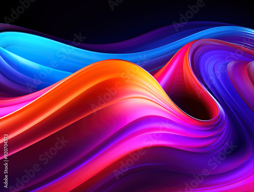 Abstract fluid holographic iridescent neon curved wave in motion dark background. Gradient design