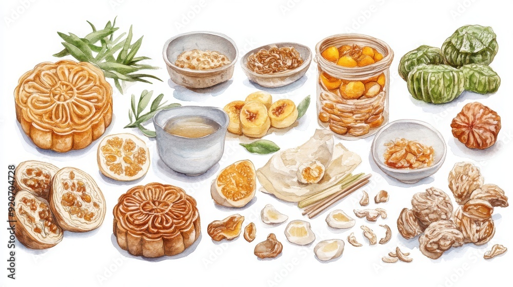 A watercolor of mooncake ingredients laid out on a table, rustic and detailed, isolated on white background A watercolor of mooncake ingredients laid out on a table, rustic and detailed, isolated on white background