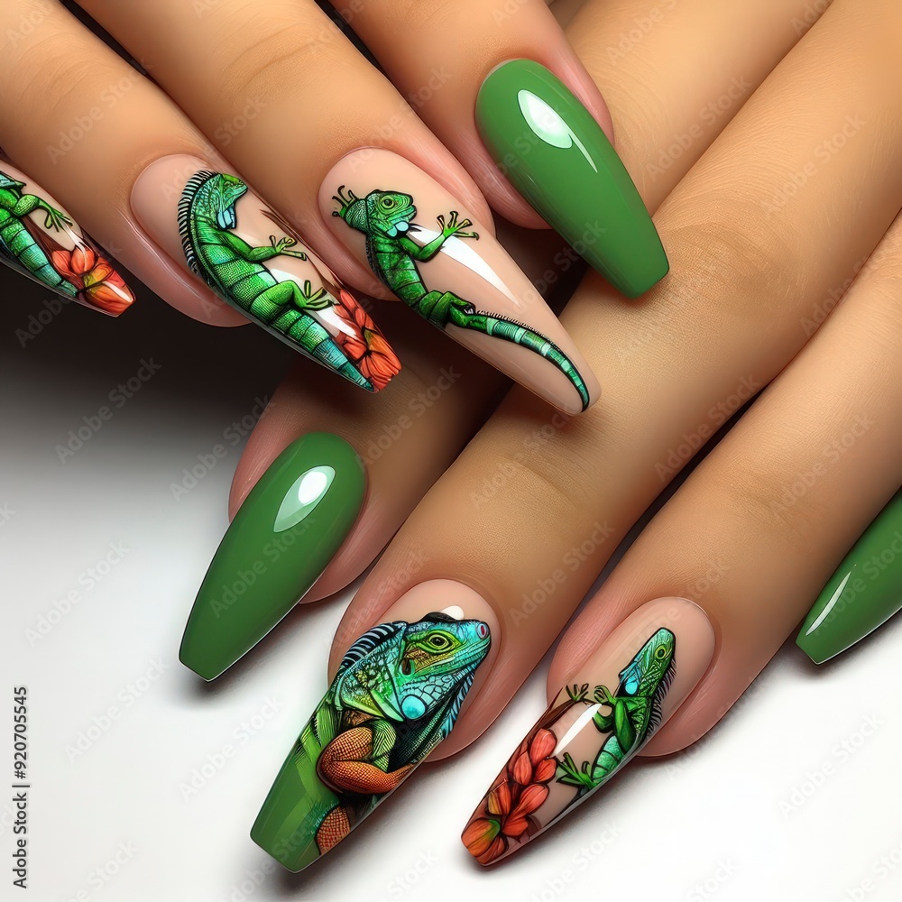 Obraz premium nails with green iguana decoration