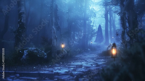 Show a Halloween background with a spooky forest path, lit by lanterns, leading to a mysterious, ghostly figure in the distance.