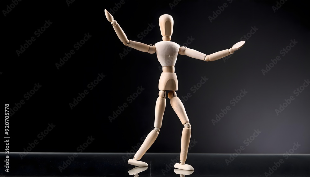 Wooden mannequin standing on black background