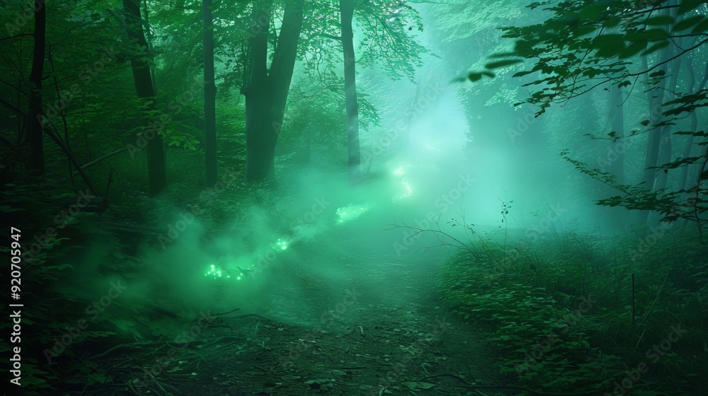 Show a spooky forest path with fog creeping along the ground, lit by an eerie green glow from unseen sources. Show a spooky forest path with fog creeping along the ground, lit by an eerie green glow from unseen sources.