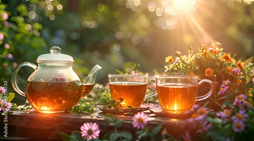 A teapot and cups of herbal tea on a wooden table in a garden setting with flowers in bloom. A teapot and cups of herbal tea on a wooden table in a garden setting with flowers in bloom.