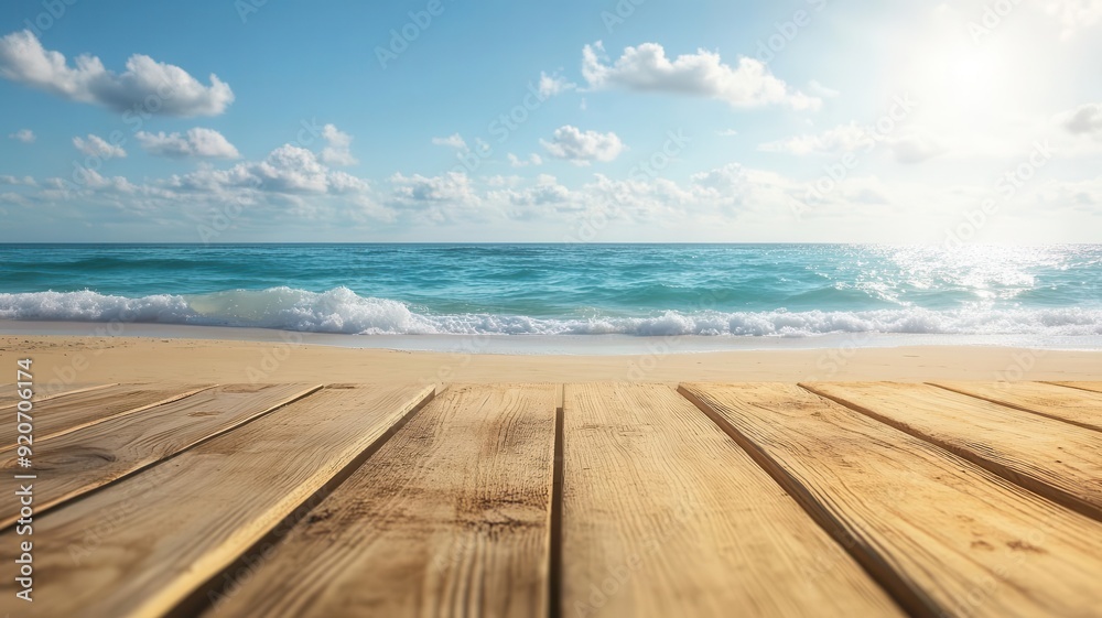 Blank wooden table with a calm sea and sandy beach, perfect for coastal or summerthemed product displays Blank wooden table with a calm sea and sandy beach, perfect for coastal or summerthemed product displays