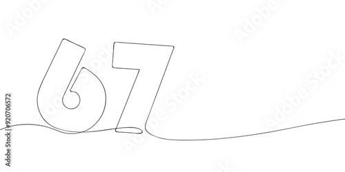 A single line drawing of a sixty seven symbol. Continuous line sixty seventh number icon. One line icon. Vector illustration.