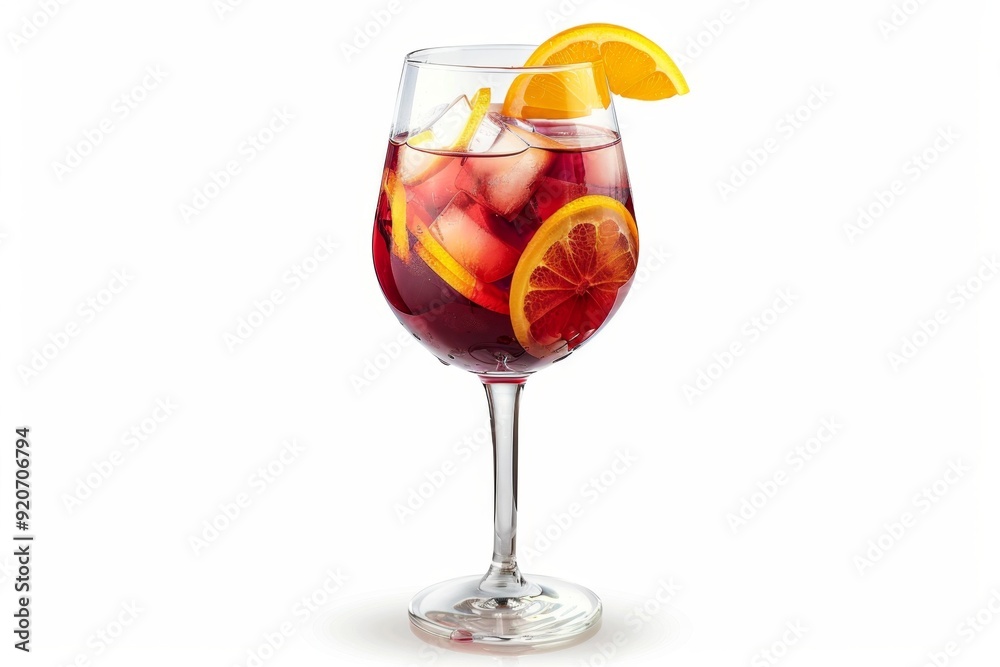 Refreshing sangria cocktail with orange slice and ice in a stylish glass. Elegant drink illustration perfect for summer parties. Conceptual beverage imagery. Generative AI Refreshing sangria cocktail with orange slice and ice in a stylish glass. Elegant drink illustration perfect for summer parties. Conceptual beverage imagery. Generative AI