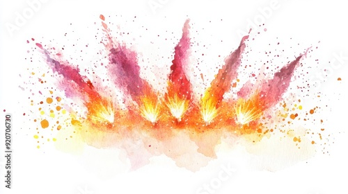 Watercolor illustration of a Diwali firecracker display, vibrant and dynamic, isolated on white background