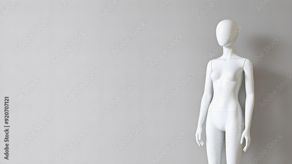 A white female mannequin without a face stands straight on a white background with copy space. A white female mannequin without a face stands straight on a white background with copy space.
