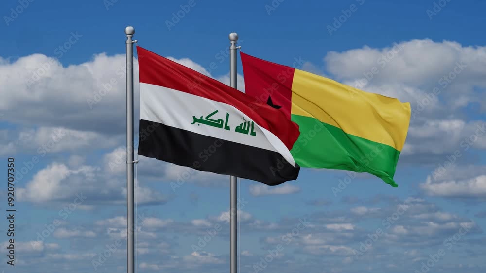 Guinea-Bissau and Iraq flags flying together, video concept of the relationship, two country relations concept Guinea-Bissau and Iraq flags flying together, video concept of the relationship, two country relations concept
