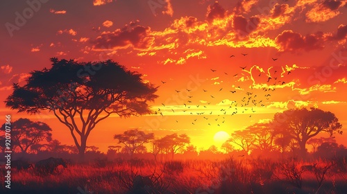 A digital artwork of a savannah at sunset, with acacia trees and wildlife silhouetted against a vibrant sky, detailed and peaceful, capturing the serene and magical ambiance of the savannah,