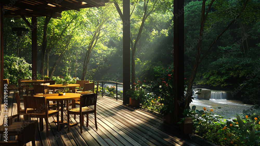 cafe in the forest, wooden cafe, cafe in the forest, wooden cafe,