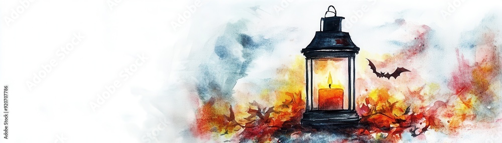 Watercolor depiction of a Halloween lantern with a candle inside, glowing warmly, isolated on white background