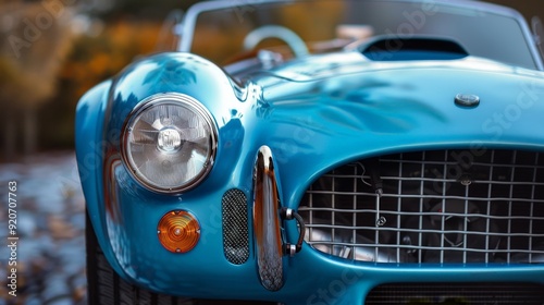 The classic front of a vintage sports car, with its round headlights and iconic grille, evokes a sense of timeless speed and style.