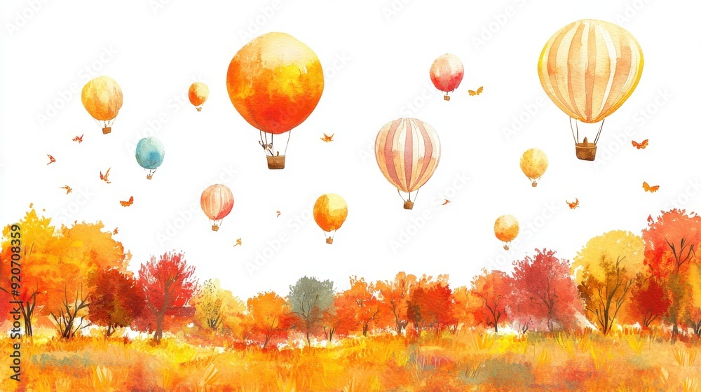 Obraz premium A watercolor painting of balloons flying over an autumn landscape, warm and colorful, isolated on white background