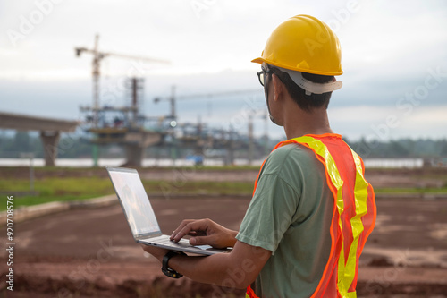 Engineers are inspecting a bridge construction project.