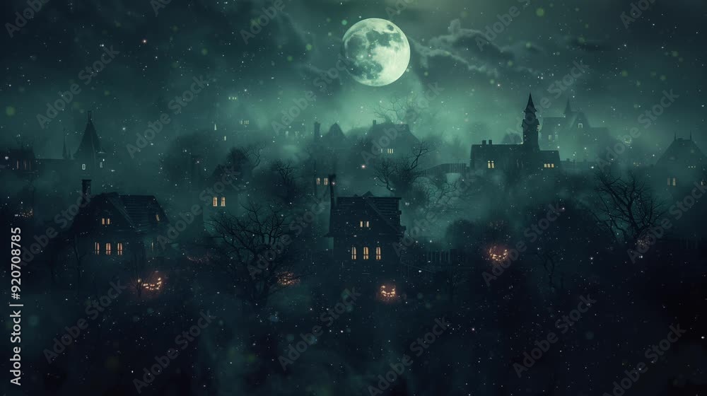 A fog envelops a village at night, illuminated by a full moon and glowing pumpkins among dark silhouettes of old buildings and eerie trees A fog envelops a village at night, illuminated by a full moon and glowing pumpkins among dark silhouettes of old buildings and eerie trees