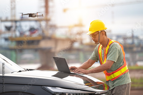 Asian engineers inspect a construction project of a Thailand-Laos Mekong River bridge using a drone to get an aerial view of the bridge.