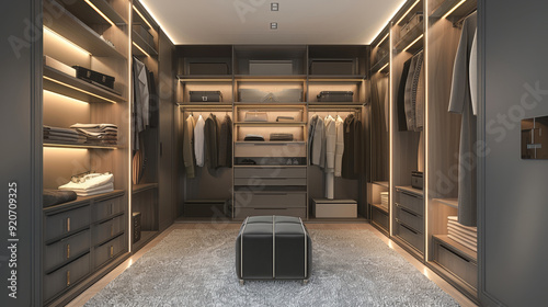 Modern luxury gray built-in wardrobe closet shelf storage box for interior design fashion background. photo