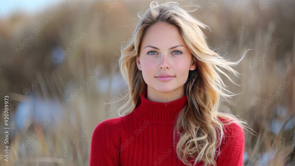 portrait of an attractive young woman in a red turtleneck jumper portrait of an attractive young woman in a red turtleneck jumper