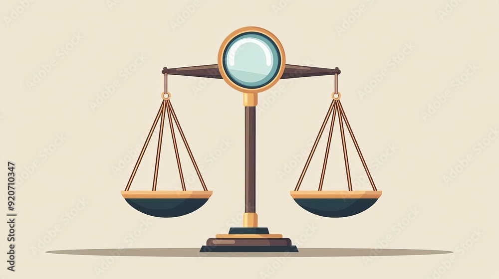 Scales of justice under magnifying glass, scrutiny of morality, flat design illustration Scales of justice under magnifying glass, scrutiny of morality, flat design illustration