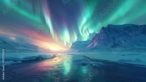 A digital artwork of a snowy arctic landscape with the Northern Lights, auroras creating a mesmerizing display of colors in the sky, detailed and peaceful, capturing the serene and magical atmosphere,