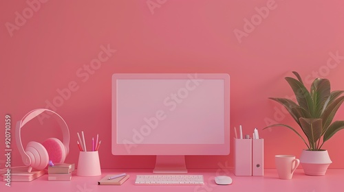 A pink computer monitor, keyboard, and mouse on a pink desk with a plant in a pot and pink headphones.