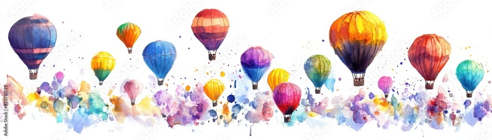 Obraz premium Watercolor painting of a field of hot air balloons preparing for takeoff, energetic and colorful, isolated on white background