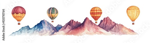 A watercolor of hot air balloons soaring over the Sandia Mountains, majestic and scenic, isolated on white background