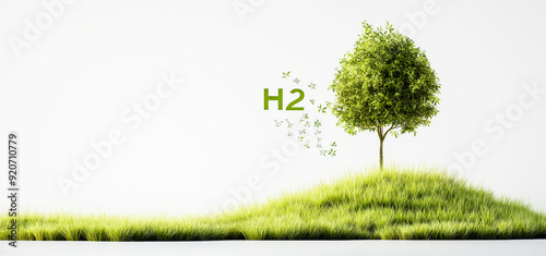 Green Hydrogen fuel background. H2 and green tree on the hill.