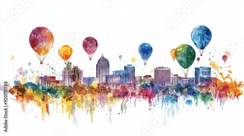 A watercolor painting of the Albuquerque skyline with balloons overhead, scenic and vibrant, isolated on white background