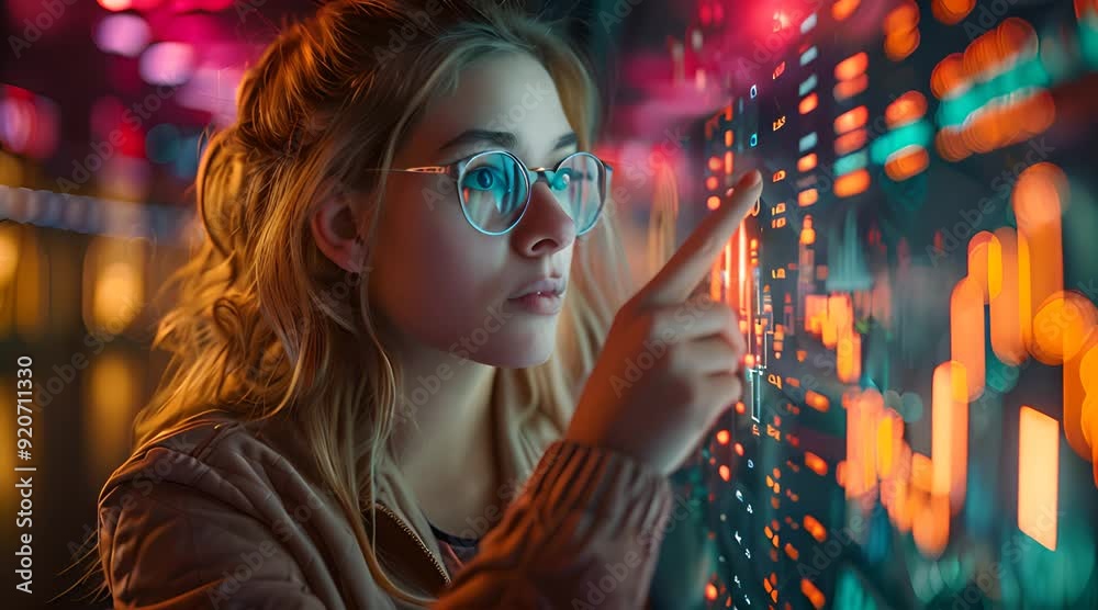 A woman analyzes data on a digital screen, with glowing charts and graphs. A woman analyzes data on a digital screen, with glowing charts and graphs.